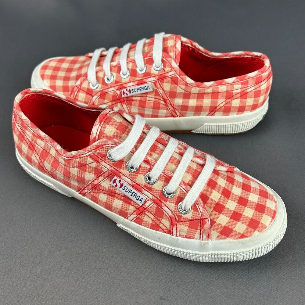 Superga Red and White Gingham Sneakers Check Plaid Lace Up Women’s Size 7 NEW - Picture 8 of 15